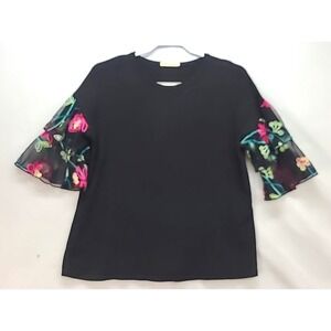 Pebble & Stone Black Knit Top Sz M Embroidered Mesh Bell Sleeves Whimsigoth Boho